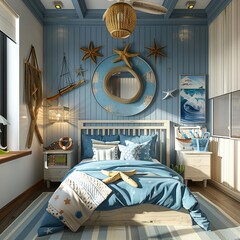 Mediterranean, coastal, beachy decoration in bedroom Captured in the style of architectural photography ,  - obrazy, fototapety, plakaty