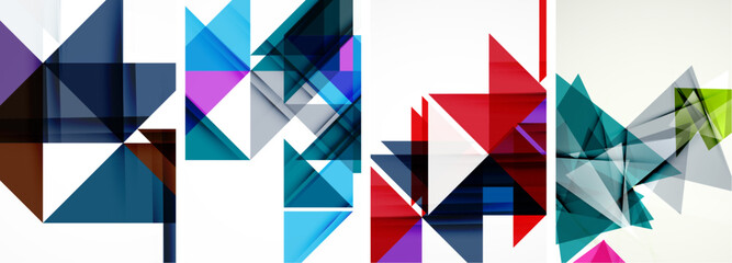 A creative arts composition featuring geometric shapes like triangles and rectangles in electric blue and magenta, creating a symmetrical pattern with tints and shades on a white background