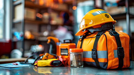 A yellow helmet sits on top of a red and orange toolbox. The scene is set in a workshop or garage, with various tools and equipment scattered around. Scene is one of preparation and readiness