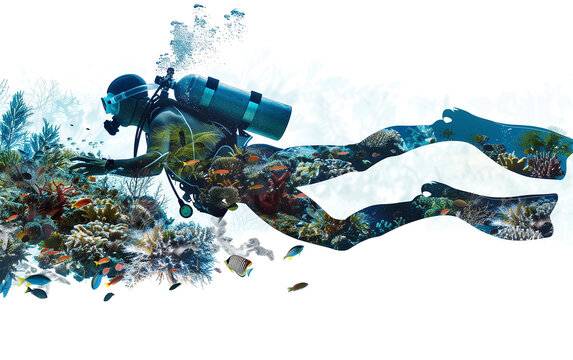 Underwater diver merged with sea life, double exposure, white backdrop - sea life silhouette, diving class, reef diving excursion, underwater photography.