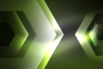 Symmetric patterns of glowing arrows in tints and shades of green and black on a dark background, forming a design resembling triangles and rectangles