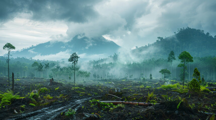 A foggy forest with a mountain in the background. The sky is cloudy and the trees are green