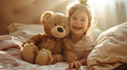 A cute little girl is playing with her teddy bear in the bedroom, smiling and laughing heartily while sitting on bed, a bright sunny day outside