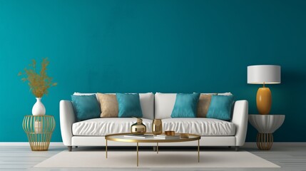 A chic sitting area featuring a plush white sofa against a vibrant teal 3D wall, creating a harmonious blend of comfort and style.