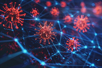 The concept of a computer virus spreading through a network. Showcase a digital representation of a network with nodes connected by lines, with viral code symbols emanating from infected nodes - obrazy, fototapety, plakaty