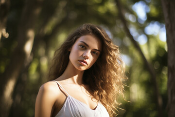 Fototapeta premium Beauty, fashion, style and make-up concept. Beautiful young woman outdoor portrait during sunny summer day. Model with natural make-up and curly brunette hair