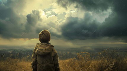 A young boy is standing in a field looking up at the sky. The sky is cloudy and the weather is rainy. The boy appears to be looking up at the clouds, possibly in awe or wonder