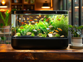A fish tank with a variety of fish and plants. The tank is on a wooden table in a room with a potted plant - obrazy, fototapety, plakaty