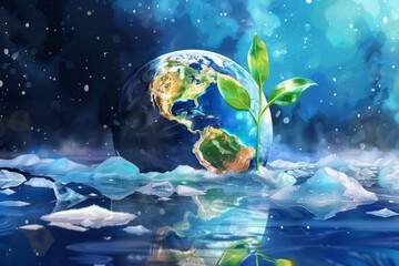 Earth with a small green sprout emerging from the ice, symbolizing hope - obrazy, fototapety, plakaty