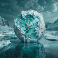 Earth with a ticking clock frozen in the ice, a countdown to disaster - obrazy, fototapety, plakaty
