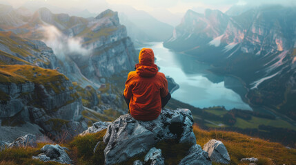 A man in an orange jacket sits on a rock overlooking a lake. The scene is peaceful and serene, with the man taking in the beautiful view - Powered by Adobe