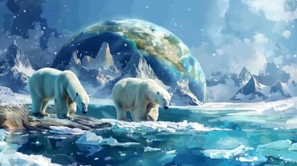Polar bears wandering on the icy surface of Earth - obrazy, fototapety, plakaty