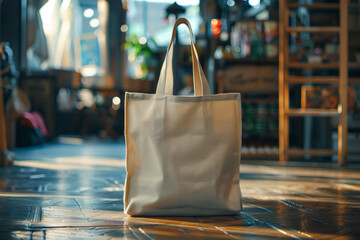 A white canvas bag sits on a wooden floor in a store. The bag is empty and unopened