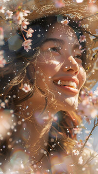 A woman with long hair is smiling and wearing a straw hat. She is surrounded by cherry blossoms, which give the image a light and cheerful mood