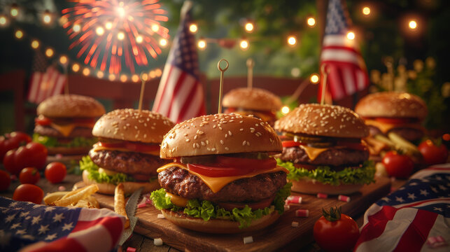 A group of four hamburgers with American flags in the background. The hamburgers are topped with lettuce, tomatoes, and cheese