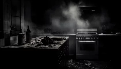 Fotobehang Capture the eerie beauty of a haunted kitchen scene, showcasing a chefs knife gleaming under dim lighting amidst dense fog, using black and white photography © Samaphon