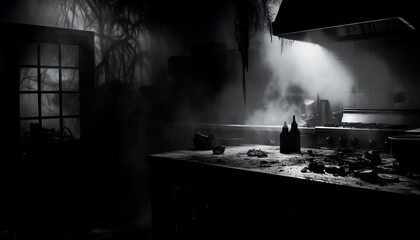 Capture the eerie beauty of a haunted kitchen scene, showcasing a chefs knife gleaming under dim lighting amidst dense fog, using black and white photography - obrazy, fototapety, plakaty