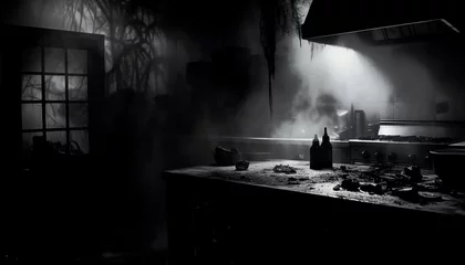 Fotobehang Capture the eerie beauty of a haunted kitchen scene, showcasing a chefs knife gleaming under dim lighting amidst dense fog, using black and white photography © Samaphon