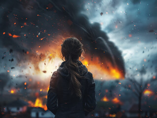 A woman stands in front of a large explosion, looking up at the sky. The scene is chaotic and intense, with debris and smoke filling the air. The woman is in awe of the destruction