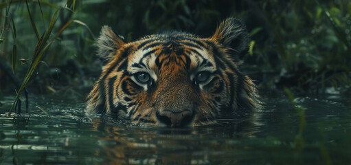 A tiger is swimming in a body of water. The water is green and murky. The tiger is looking up at the camera