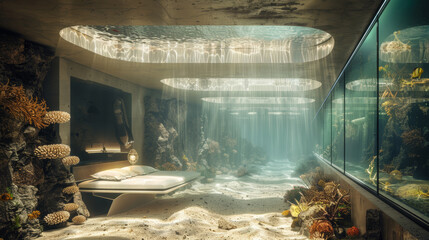 A room with a bed and a fish tank. The room has a calming and peaceful atmosphere - obrazy, fototapety, plakaty