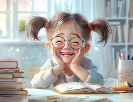 A cute little girl wearing glasses is sitting at the desk, smiling and laughing while reading books. She has her chin resting on one hand as she reads with joy. 