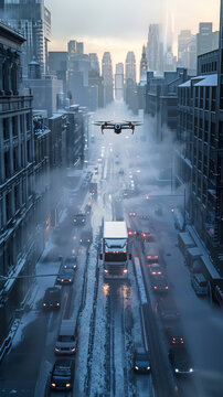 A drone is flying over a city street with cars and trucks. The sky is cloudy and the street is wet from rain