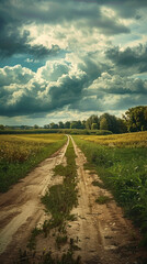 Fototapeta na wymiar A road in a field with a cloudy sky in the background