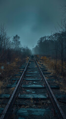 Fototapeta premium A train track with a long, empty train track. The train is not visible, but the tracks are old and rusty. Scene is somber and lonely, as the train track appears to be abandoned and forgotten