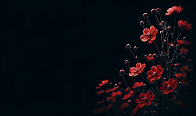 Crimson Blooms Emerged from the Darkness Red Flowers on Black Canvas, generative ai - obrazy, fototapety, plakaty