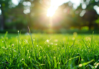 Green lawn with fresh grass outdoors. Nature spring grass background texture