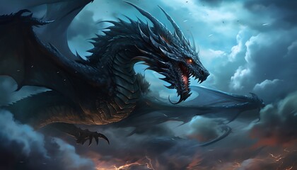 Illustrate a fierce dragon against a dramatic stormy sky backdrop with pixel art for a modern fantasy twist - obrazy, fototapety, plakaty