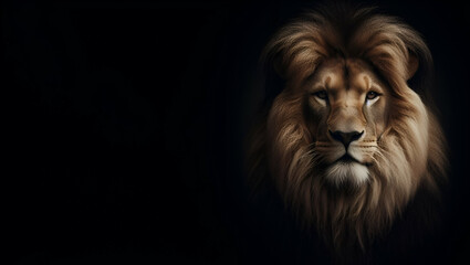 Portrait of a Lion Closeup of wild lion face on black background, generative ai