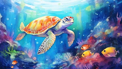 Illustrate a playful underwater world where color theory shines through, showcasing a comedic moment in a traditional watercolor medium with pixel art detailing - obrazy, fototapety, plakaty