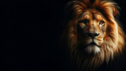 Portrait of a Lion Closeup of wild lion face on black background, generative ai