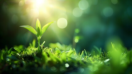 A small green plant sprouting in the grass, with sunlight shining on it from above, soft lighting, creating an atmosphere of vitality and growth.  - obrazy, fototapety, plakaty