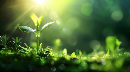 A small green plant sprouting in the grass, with sunlight shining on it from above, soft lighting, creating an atmosphere of vitality and growth.  - obrazy, fototapety, plakaty
