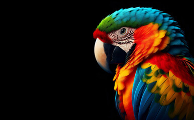 Obraz premium Multicolored parrot is standing on black background with its beak open Generative AI