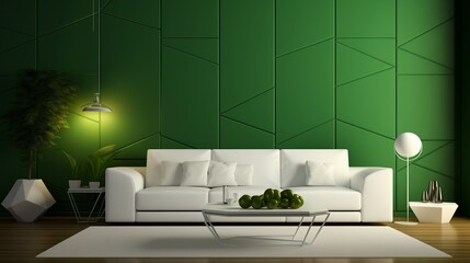 A contemporary living room design showcasing a sleek white sofa against a dynamic green 3D wall, adding vitality and freshness to the space.