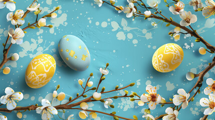 Vibrant Easter composition on a bright blue textured background featuring yellow and blue decorated Easter eggs nestled among delicate blooming white flowers and fresh green sprouts. 