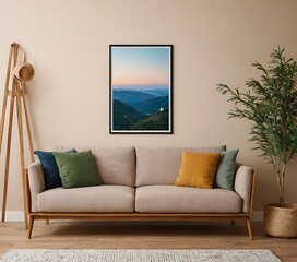 Frame mockup, ISO A paper size. Living room poster mockup. Interior mockup with house white background. Modern interior design. 3D render
