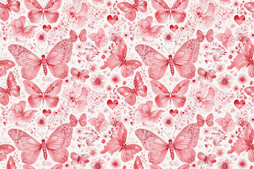 Pink butterflies and flowers on a white background