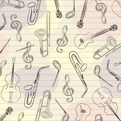 Obraz premium Music instruments elements sax trombone guitar notes bass doodle cartoon line art design abstract.
