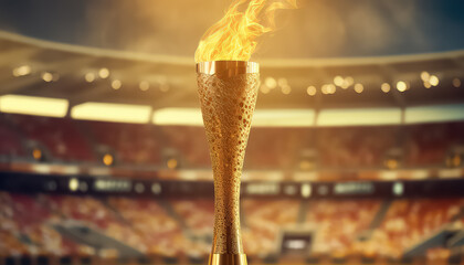 Cup golden torch with fire in the stadium