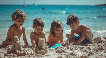 Children lying on the sand of the seashore. Building sandcastle. Concept of the family vacation, tourism and friendship.