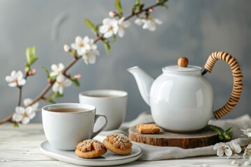 A white ceramic teapot, with an elegant wooden handle and spout, sits on the table next to two cups of tea and some cookies.