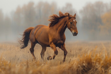 A powerful horse gallops across the field, its mane and tail flowing in the wind
