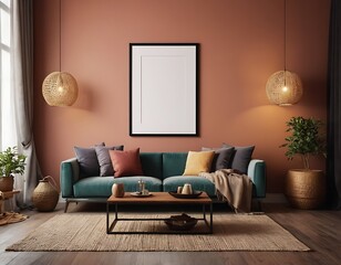 Elegant 3D render of a mock-up poster frame in a cozy interior living room background, perfect for showcasing artwork or photography