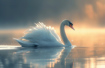 An elegant swan glides across the lake, its long neck outstretched