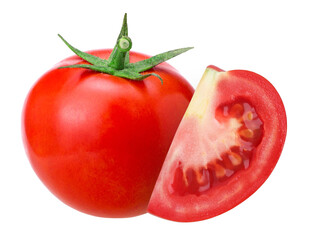 red fresh tomatoes and slices isolated, transparent PNG, PNG format, juicy, cut out